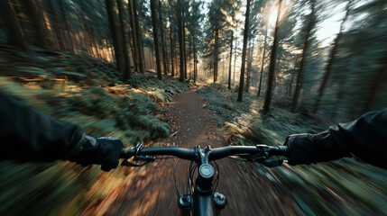 First person mountain biking through sunlit forest. Suitable for outdoor sports, adventure activities, summer recreation, cycling, and nature themes.