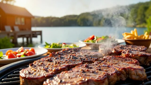 Juicy steaks grilling on barbecue near lake. Delicious summer barbecue with grilled meat, french fries, and fresh salad. Perfect summer barbecue scene for video production.