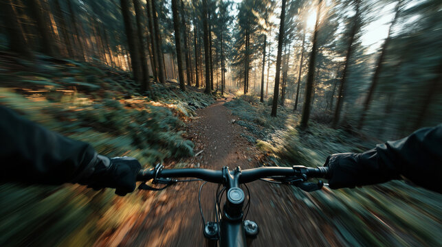 First person mountain biking through sunlit forest. Suitable for outdoor sports, adventure activities, summer recreation, cycling, and nature themes. - Powered by Adobe
