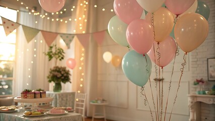 birthday party pastel colors background balloons soft tones concept Festive room decorated with balloons, bunting, and table set for a celebration.