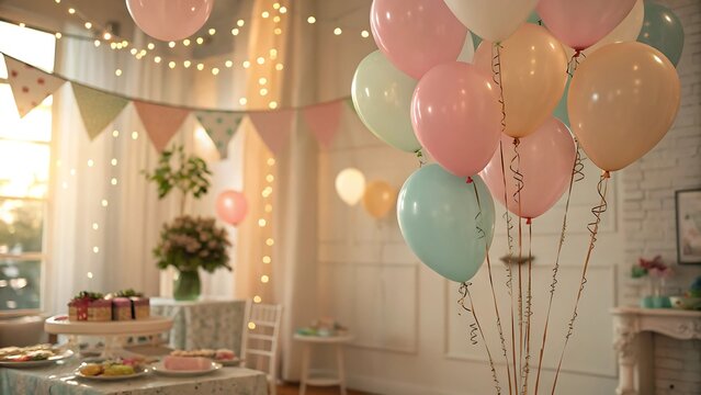 birthday party pastel colors background balloons soft tones concept Festive room decorated with balloons, bunting, and table set for a celebration. - Powered by Adobe