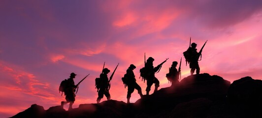 The silhouettes of soldiers against a vibrant sunset sky.