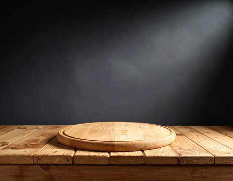 wooden stand podium for presenting food, baking and confectionery on a dark background. pizza board