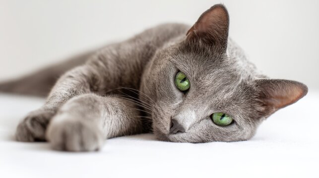 The captivating gray cat with striking green eyes relaxing gracefully. - Powered by Adobe