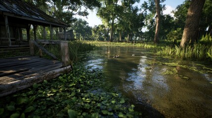 Rustic wooden dock on tranquil swamp waterway, old shack in background