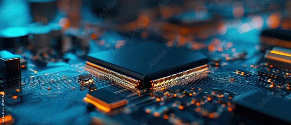 Aufkleber the intricate microchip nestled on a futuristic circuit board with glowing details.