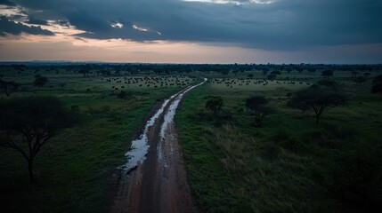Fototapeta premium African Savanna Dirt Road at Dusk with Wildlife