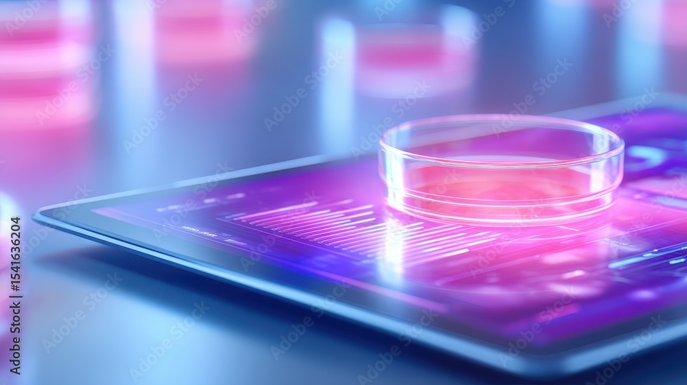 Poster modern laboratory scene featuring a petri dish on a tablet with digital data visualization