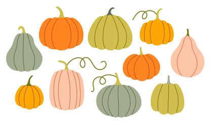 Simple pumpkin set. Cute collection of pumpkins, gourds and squashes in soft orange, green, and peach colors. Each one has a unique shape, perfect for autumn designs.