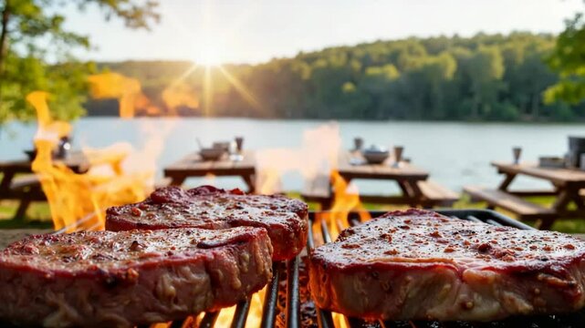 Juicy steaks grilling on barbecue near lake at sunset.  Grilled steaks sizzling over hot coals, picnic tables visible in background. Perfect summer barbecue scene for video production, creating idylli
