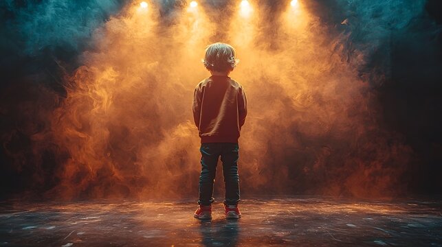 Determined child CEO stands on stage pitching a new business concept with confidence