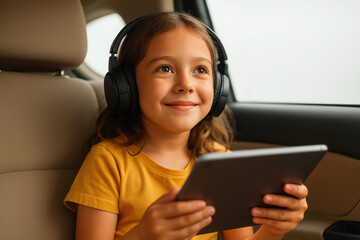 Young girl enjoying music with tablet on a road trip adventure. child learning on tablet during travel