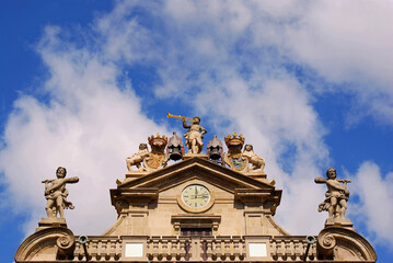 Details of the architecture on the upper part of the Pamplona City Hall building, Navarre. The city of Iru&ntilde;a Pamplona in Navarra, apart from its famous bullfighting festival, is a very rich city
