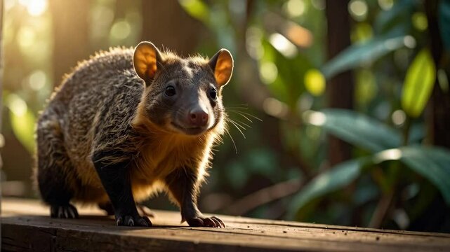 Close-up view of a potoroo sniffing surface, furry mammal foraging outdoors in natural habitat, nature background, sunny light
