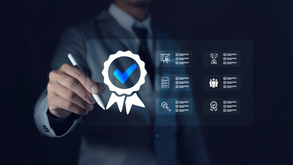ISO Certification and Quality Assurance Businessman working with computer and tablet demonstrating...