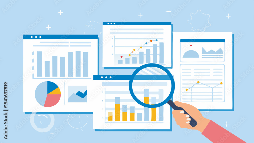 Poster data analysis and visualization with magnifying glass business analytics financial reports and marke