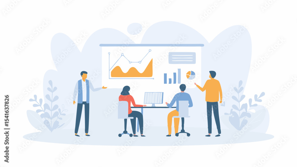 Aufkleber business meeting presentation with data charts and graphs team collaboration and analysis flat vecto