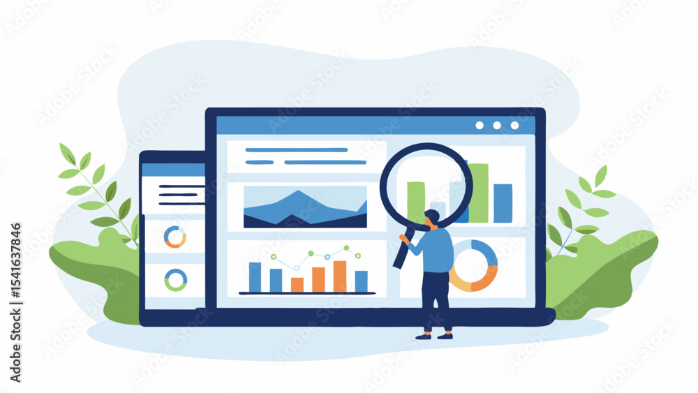 Poster data analysis and business intelligence concept with person using magnifying glass to analyze charts