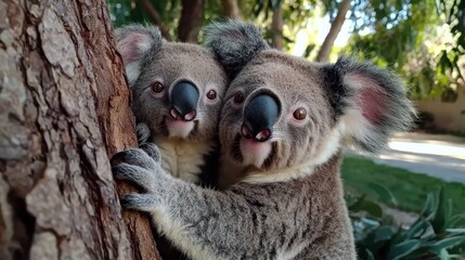 Obraz premium Two koala joey cubs clinging to a tree trunk in a park setting