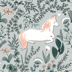 Seamless vector pattern with unicorns and magic plants. Vintage fairy background. Vector illustration.