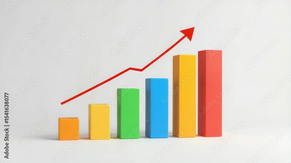 Poster a colorful bar chart with an upward red arrow indicating growth or success on a plain background.