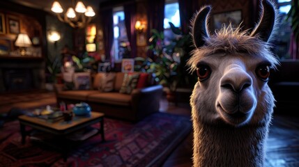 A curious llama gazes directly at the viewer, inside a cozy, well-lit living room.