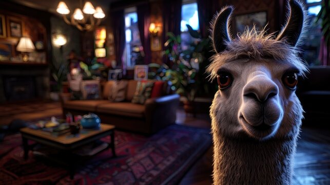 A curious llama gazes directly at the viewer, inside a cozy, well-lit living room.