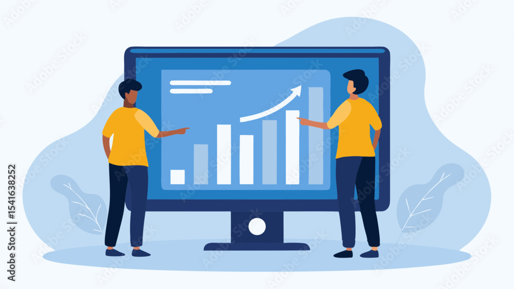 Poster business growth analysis two people discussing a bar chart on a computer screen showing positive tre