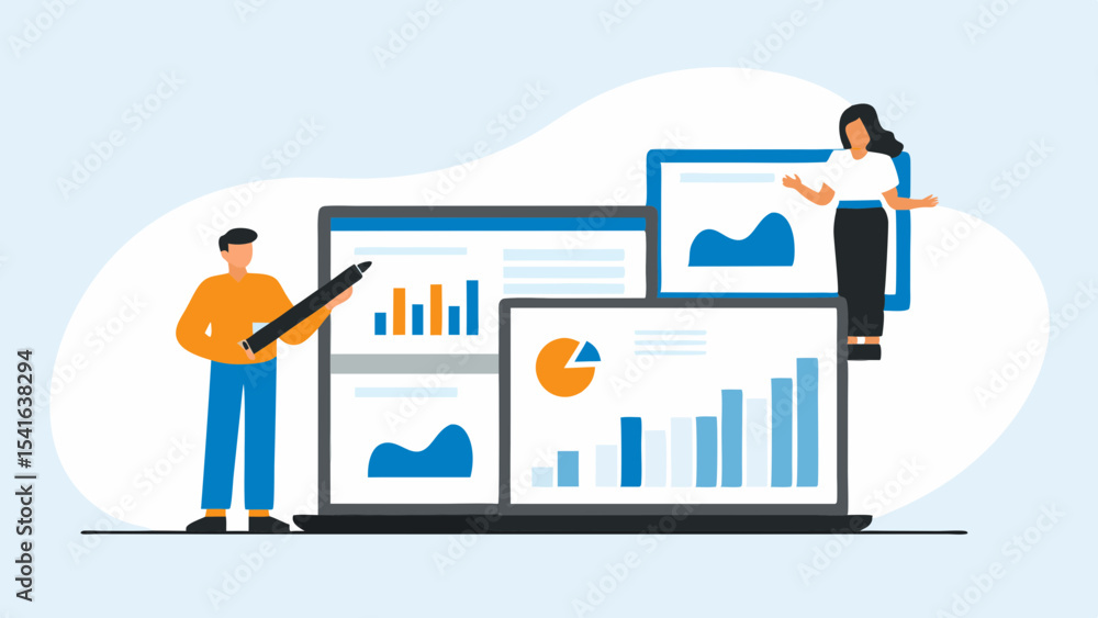 Poster data analysis and business presentation with charts and graphs on laptop screens flat vector illustr