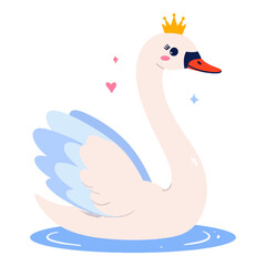 A swan with a golden crown floats on blue water surrounded by pink hearts and a blue diamond