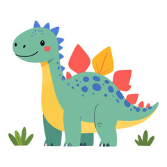 A cartoon Stegosaurus stands among grass its teal body dotted with blue red and yellow plates along its back exuding a friendly whimsical vibe
