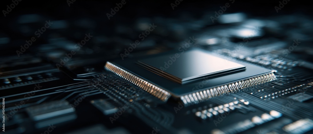 Poster the close-up view of a microprocessor on a modern circuit board.