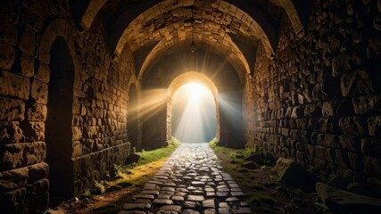 Ancient stone tunnel with arches and sunburst beaming through doorway, leading to illuminated outdoor space - Powered by Adobe