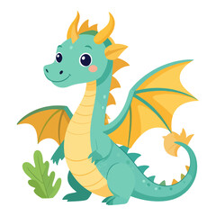 A teal cartoon dragon with gold accents sits near a green leafy plant