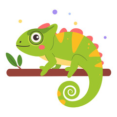 Fototapeta premium A green chameleon with orange spots sits on a brown branch surrounded by colored dots