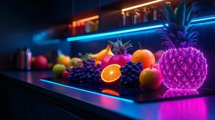 Glowing pineapple and other fruits illuminated by neon lights in modern kitchen. - Powered by Adobe