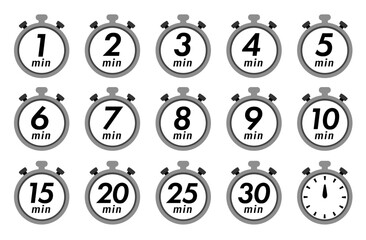 残り時間を表示するタイマー/ストップウォッチ/時計のアイコンイラストデザインセット(timer clock stopwatch 1min 2min 3min 4min 5min 6min 7min 8min 9min 10min 15min 20min 25min 30min 残り時間 シンプル アイコンイラスト ベクター 編集可能 モノクロ)