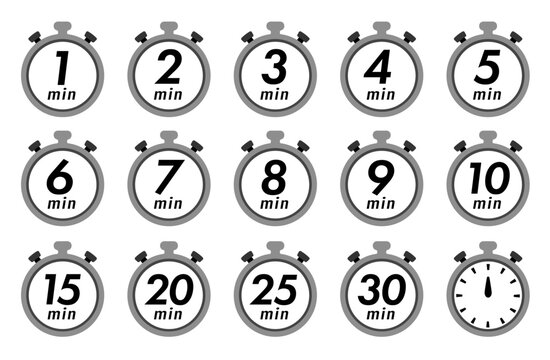 残り時間を表示するタイマー/ストップウォッチ/時計のアイコンイラストデザインセット(timer clock stopwatch 1min 2min 3min 4min 5min 6min 7min 8min 9min 10min 15min 20min 25min 30min 残り時間 シンプル アイコンイラスト ベクター 編集可能 モノクロ)