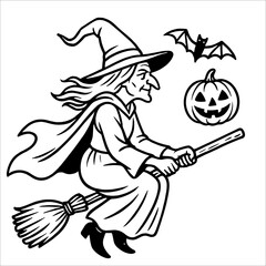 Premium Halloween Witch Outline Drawing