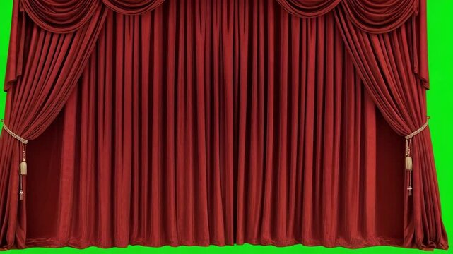 Red stage curtains with valance draping and tassel decoration, set against a solid green screen chroma key background