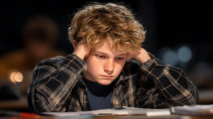 Young boy concentrating deeply while studying in a dimly lit room with focused expression.