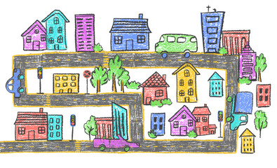 Cityscape in colorful crayon and wax doodle style. Doodle cars, garden, houses, and road with traffic light drawn with charcoal squiggles for kids and kindergarten. Vector art of a baby-friendly