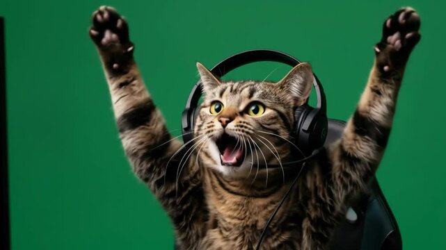 Funny gamer cat with a headset celebrates a victory with paws in the air. Excited animal streamer cheering in front of a green studio background. Humorous concept for cyber sports gaming.