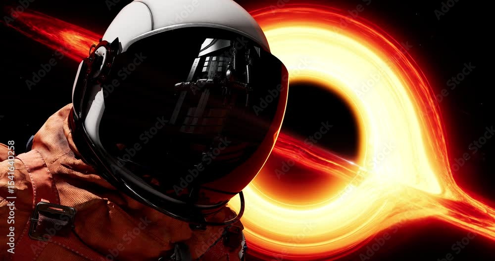 Wall mural camera focuses on astronaut's helmet floating freely near a black hole. space mission and technology