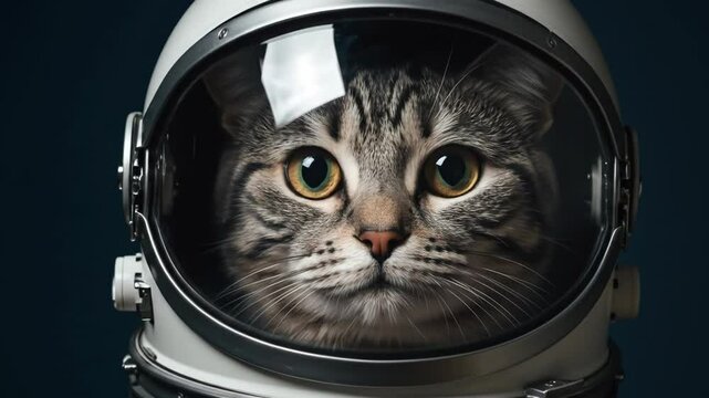 Zoom in close-up portrait of a funny cat astronaut in a space helmet looking at the camera. Cute tabby pet ready for a sci-fi space exploration adventure. Humorous animal cosmonaut concept.