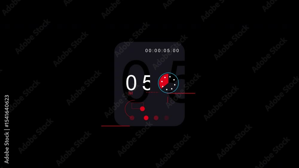 Poster animated countdown timer with geometric shapes and red accents on black background