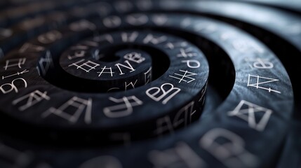 Abstract spiral design with ancient symbols