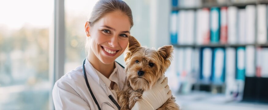 The veterinarian smiling while holding a small dog in a veterinary clinic. - Powered by Adobe