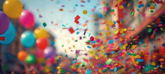 The vibrant celebration filled with colorful confetti and balloons in the background.