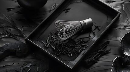 Dark tea utensils and loose tea on a black tray.